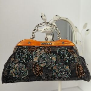 Vintage Evening Beaded Purse Metal Handle and clasp Bake Light Trim Black/Blue